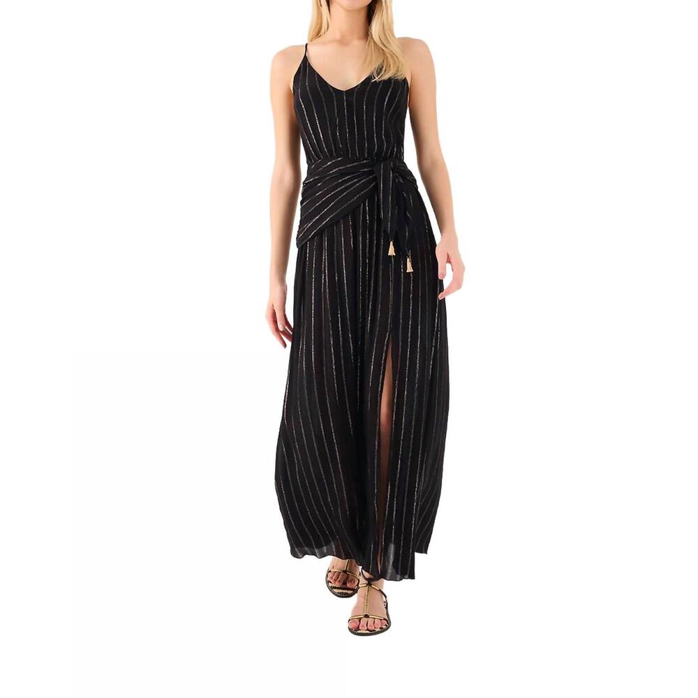 NEW DRESS TO long lurex dress with tie belt in black